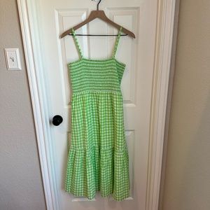 J. Crew Smocked Bright Green & White Gingham Sun Dress